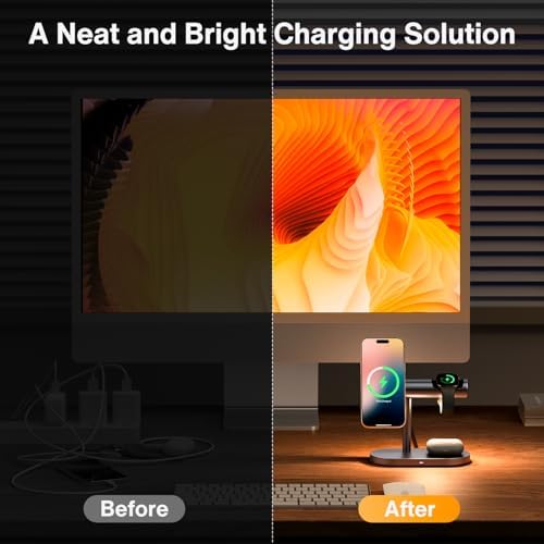 IVANKY Qi2 Certified 4-in-1 Wireless Charging Stand with Adjustable Nightstand Light – Fast Charge for i Phone 16/15/14, Apple Watch, and Air Pods – Sleek Design with Enhanced Safety Features and Magnetic Stability for Tangle-Free Convenience