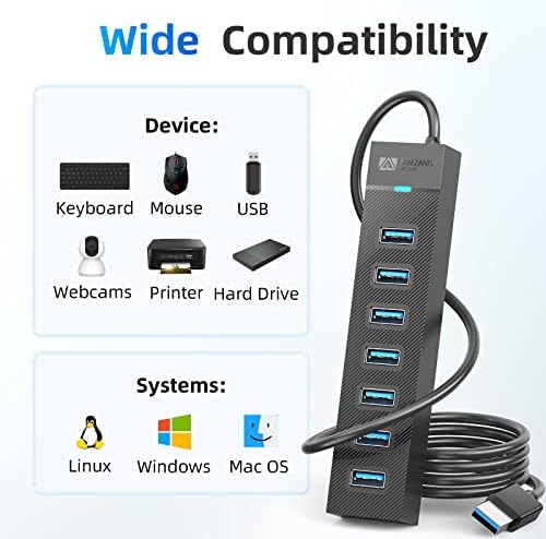 Ultimate 7-Port USB 3.0 Hub by SAN ZANG MASTER – High-Speed Data Transfer at 5 Gbps for Laptops and Desktops, Effortlessly Connect Printers, Cameras, Keyboards, and More with 1.6 FT (50 cm) Cable – Compact, Durable, and Plug-and-Play Convenience for Enhanced Productivity