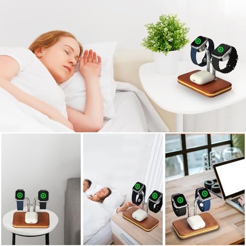 Sleek Dual Wireless Charging Dock for Apple Watch & Air Pods – 10 W Quick Charge Station with Multi-Color LED Status Light | Premium Wooden Finish for All Apple Watch Series & Pro Models | Transform Your Charging Area with Style and Efficiency