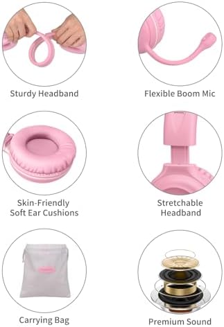 Stylish Pink Kids’ Headphones with Noise-Canceling Boom Mic – Simolio Wired On-Ear Stereo Headset for School, Gaming & Learning – Comfortable, Safe Volume Control & Durable Design for Girls, Teens & Students