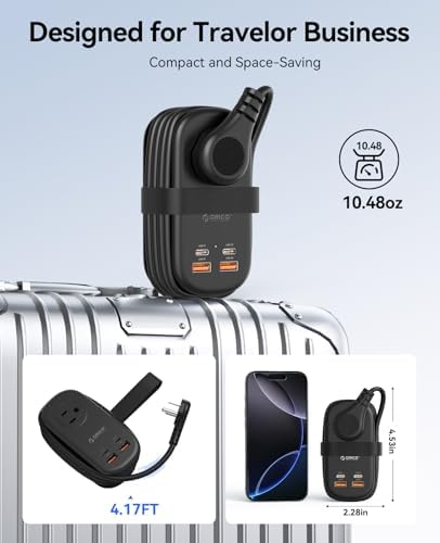 ORICO 65 W Ga N Travel Power Strip: 7-in-1 Charging Solution with 3 AC Outlets, 2 USB-A, 2 USB-C Ports, Flat Plug Design & 4 FT Extension Cord – Ultimate Fast Charger for Mac Book Pro/Air, i Pad Pro, i Phone 15/14/13 – Lightweight & Portable for Effortless Travel