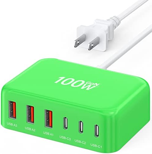 BREEKET 100 W USB C Fast Charger Hub – 6-Port Ga N Charging Station with 3 USB-A & 3 USB-C Connections – High-Speed Wall Adapter for i Phone 15/14/13/12/11 Pro Max, i Pad, Google Pixel & Samsung Galaxy Devices – Compact, Safe & Stylish Power Solution