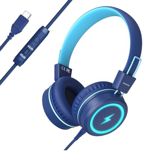 Vibrant Blue Kids Bluetooth Headphones with LED Lights – Safe Volume Limiter (85/94 d B) for Ear Protection – Fast USB Type C Charging – Comfortable On-Ear Design for School & Travel – Integrated Microphone for Clear Online Communication – Perfect for Boys & Girls