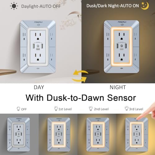 Maximize Your Charging Efficiency with the POWRUI 6-Outlet Extender & USB Wall Charger – Versatile Surge Protector with Dual 2.4 A USB Ports, Integrated Night Light, 3-Sided Design for Optimal Space Utilization, ETL Certified Safety, Ideal for Home and Office Use