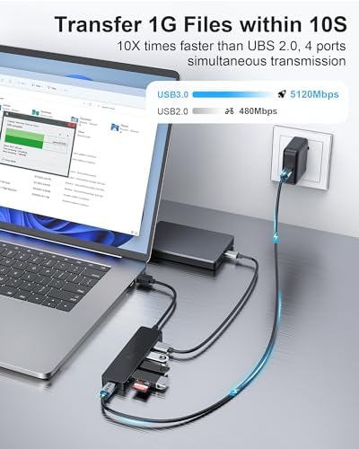Ultra-Slim 4-Port USB 3.0 Hub with 2 ft Extended Cable – High-Speed Data Transfer for Mac Books, PCs, and More – Compact USB Expander for Enhanced Connectivity, Ideal for On-the-Go Professionals and Home Offices