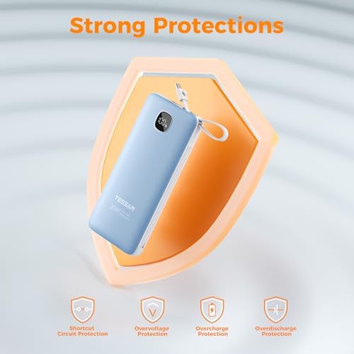 TESSAN 10,000 m Ah Portable Charger with Built-In Cables and Fast 20 W Charging – Compact Power Bank with Foldable Wall Plug for i Phone 16/15, Samsung, and Tablets – Essential Travel Companion for Uninterrupted Device Power