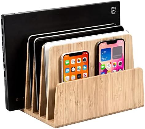 Eco-Conscious Bamboo Multi-Device Organizer: Five-Slot Desk Solution for Laptops, Tablets, and Smartphones – Streamlined Charging & Tidy Cable Management for a Sophisticated Workspace, Lightweight & Travel-Friendly