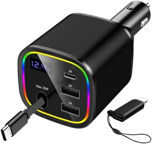 Ultimate AGEMANY 4-in-1 Retractable Car Charger: 78 W Fast Charging USB C Adapter for i Phone 16/15/14/13/12 & Android Devices, Stylish Cigarette Lighter Accessory with RGB Illumination – Perfect Gift for Tech-Savvy Drivers