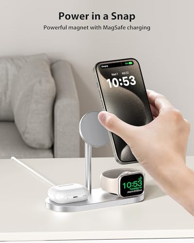 Sleek Aluminum Alloy 3-in-1 Magnetic Wireless Charging Station for Apple Devices – Fast 5 W Charger for i Phone 16/15/14/13/12, Apple Watch 9/8/7/SE & Air Pods – Ideal Travel Accessory for Clutter-Free Charging Solutions
