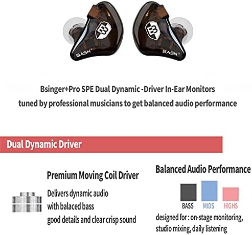 BASN Bsinger PRO Dynamic Driver In-Ear Monitor Headphones for Musicians – Premium Noise Isolating Earbuds with Dual Detachable MMCX Cables (Sleek Black Finish) for Ultimate Sound Clarity and Comfort