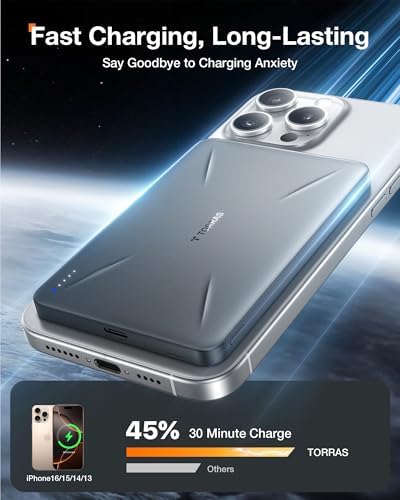 TORRAS Mag Safe-Compatible 5,000 m Ah Slim Portable Charger – Fast Wireless Charging Power Bank for i Phone 12-16 – Ultra-Thin Magnetic Battery Pack with USB-C Cable for Effortless On-the-Go Power Solutions