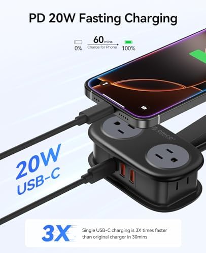 ORICO PD20 W Travel Power Strip – Ultra-Compact Power Hub with 4 AC Outlets & 3 Fast-Charging USB Ports (1 USB-C) – 4 FT Flat Plug for Seamless Business Travel & Cruise Essentials – Ultimate Device Compatibility & Portability in Sleek Black Design