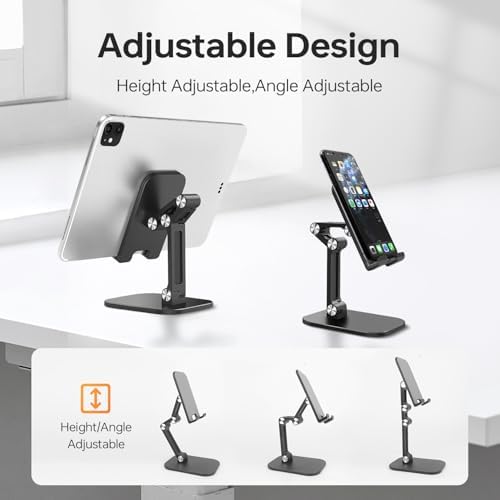 Foldable Phone Stand for Desk – Adjustable Height & Angle Cell Phone Holder, Portable Tablet Stand with Anti-Slip Base for Home, Office, and Travel, Compatible with iPhone & All 4-11″ Devices (Black) – Enhanced Compatibility and Speed