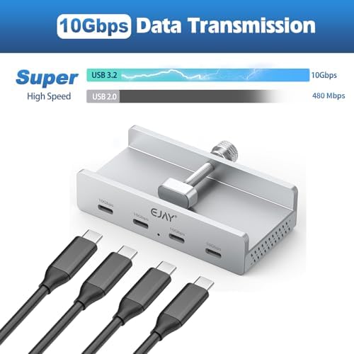 Transform Your Workspace with the EJAY Ultra-Fast 10 Gbps USB C Hub – Premium Aluminum Docking Station Featuring 4 USB 3.2 Ports, Innovative Desk Clamp Design, Additional Power Supply Port, and Extra Long Data/Power Cables for Superior Device Connectivity and Productivity Enhancement