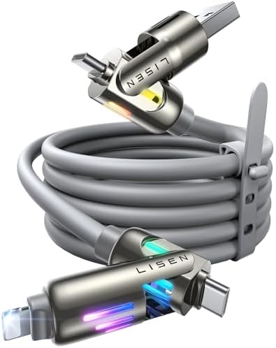 LISEN 240W USB-C Charge Cable, Chubby USB C Cable, 4 in 1 Charging Cable (6.6FT) with Light, USB A/C to C/L Multi Charging Cable for iPhone 16 15 14 13 12 Pro Max, MacBook, iPad, Samsung, Black – Enhanced Compatibility and Speed