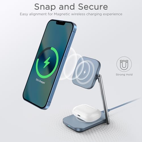 Elevate Your Charging Game with the Premium 2-in-1 Mag Safe Charger Stand – Swift 20 W Wireless Power Solution for i Phone 15/14/13/12 & Air Pods 3/Pro/2 – Robust Zinc Alloy Design with Foldable Portability for Effortless Device Alignment – Perfect for Organized, Tangle-Free Charging Spaces