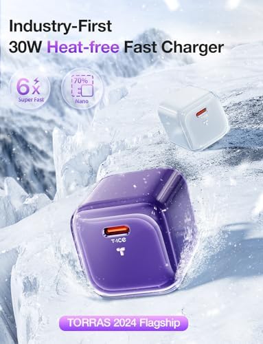 Ultra-Fast TORRAS Icenano 30 W USB-C Charger Block – PD 3.0 Compatible Wall Adapter with 5.5 ft Cable, Stylish Crystal Pink Design, Low-Temperature Operation for Safe Charging of i Phone 16/15 & Mag Safe – Perfect for Travel and Home Use