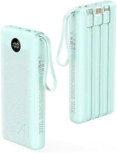 Ultimate 20000 m Ah VRURC Portable Charger with Built-in Cables – Fast Charging Power Bank for Travel, PD & QC 3.0 Compatible, 4 Output Ports & Dual Input, Ideal for i Phone, Samsung, Android Devices – Compact & Durable Battery Pack for On-the-Go Power