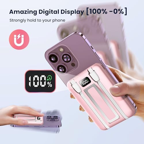 Sleek Pink Wireless Power Bank – 10,000 m Ah Magnetic Charger with PD 15 W Fast Charging, Lightning & USB-C Compatibility for i Phone 16 Pro Max/15/14 Series & Android Devices – Ultimate Portability & Enhanced Charging Speed
