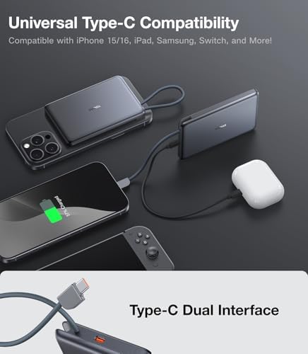 Ultra-Slim TORRAS 10,000 m Ah Power Bank with Built-in USB-C Cable – Lightweight Portable Charger for i Phone 16/15 & Samsung S24 Ultra, 22.5 W Fast Charging, Durable Design for Travel and Outdoor Use – Glacier Grey, Enhanced Safety & Dual Device Charging