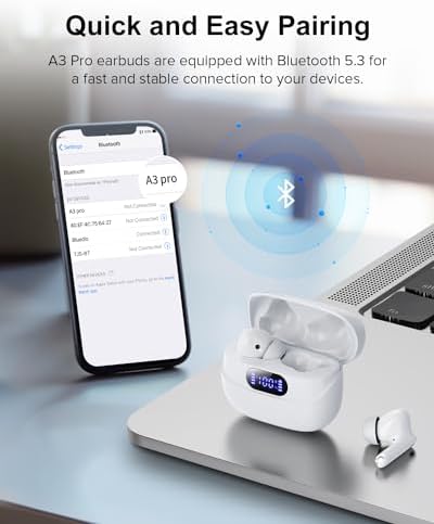 Sleek Rose Gold Wireless Earbuds with Bluetooth 5.3 | 42-Hour Long Battery Life & IPX7 Waterproof Design | Premium Noise Cancelling Earphones for Exceptional Audio | Intelligent LED Display for Seamless Connectivity on i OS & Android