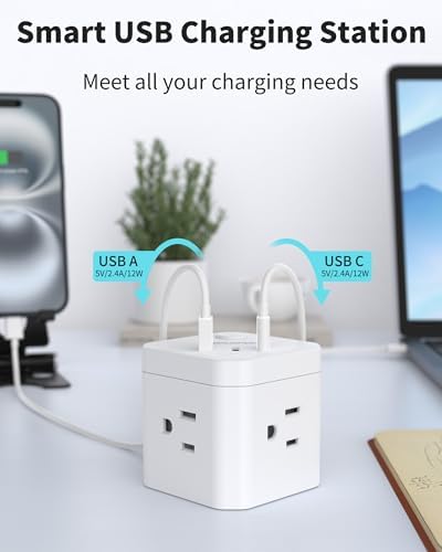 Compact Power Strip Cube with 4 AC Outlets & 3 USB Ports (2 USB-C) – 5 FT Flat Plug Extension Cord, Ideal Travel Charging Station for Office, Dorm, and Cruise Ship Use, Sleek Non-Surge Design for Enhanced Compatibility and Fast Charging Solutions