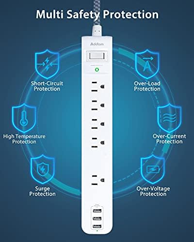 6 Ft Surge Protector Power Strip with 5 AC Outlets & 2 USB-C Ports – Space-Saving Flat Extension Cord for College Dorms & Home Office – Reliable Desktop Charging Station in Sleek White Design – Enhanced Surge Protection for Optimal Device Safety