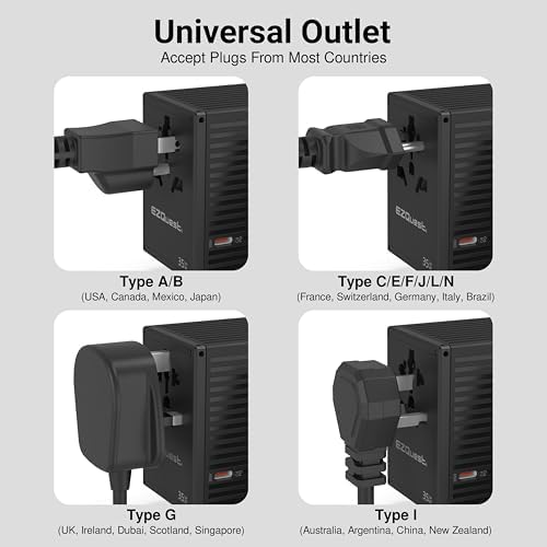 EZQuest 35 W Ga N 5-Port Universal Travel Charger – Compact International Adapter with 4 Plug Types (US/UK/EU/AU) for Global Use – 4 USB-C & 1 USB-A Ports with PD Fast Charging – Lightweight Black Design for Effortless Portability and Device Protection