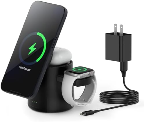 15 W Max Fast Charging 3-in-1 Wireless Charging Station for i Phone 16/15/14/13/12 Pro/Max/Plus – Magnetic Travel Charger for i Watch & Air Pods – Ultimate Compatibility & Speed for On-the-Go Power Solutions