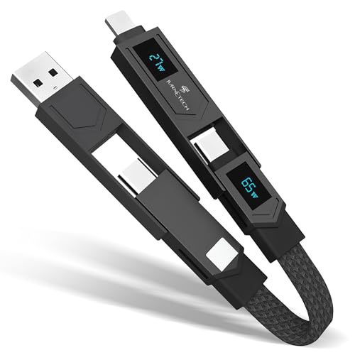 Magnetic 4 in 1 Multi Charging Cable with LED Display, Portable Keychain Charger, Fast as lightning charging/Type C/USB A/USB C Ports for iPhone iPad Mac, AirPods Samsung Google, (65W) (Red) – Enhanced Compatibility and Speed