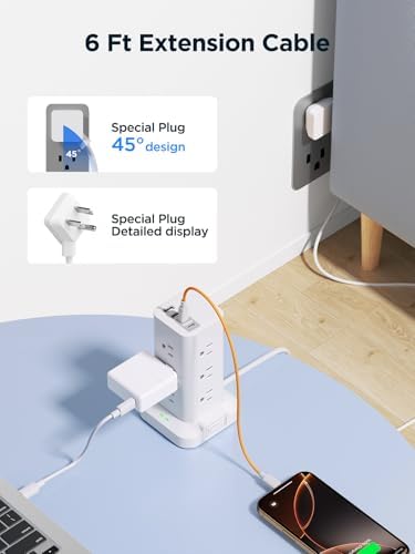 Ultimate Surge Protector Power Strip with 12 AC Outlets and 4 USB Ports, Featuring 6 FT Flat Plug Extension Cord for Maximum Flexibility – 1200 Joules Overload Protection for Home Office and Dorm Room Use – Enhance Device Safety and Charging Speed