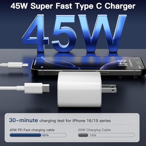 Ultimate 45 W USB-C Fast Charger with 6 FT Type C Cable for i Phone 16 Pro Max – Rapid Power Delivery for i Phone 15 Models & S25 – Lightweight & Durable Design for On-the-Go Charging Efficiency