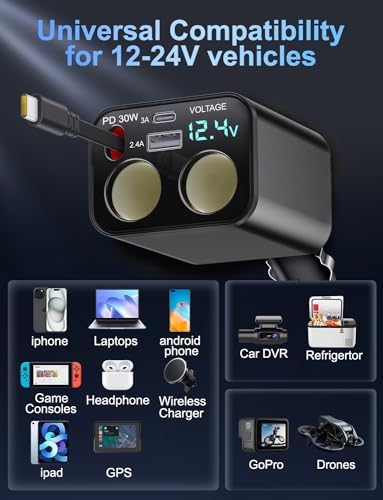 Ultimate 5-in-1 Retractable Car Charger – Fast Charging Dual-Socket Adapter with USB-A & USB-C Ports for i Phone 16/15, Galaxy, i Pad, GPS & Dash Cam – Tangle-Free Design for Multi-Device Power on the Go