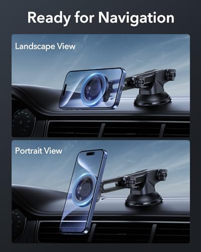 ESR Magnetic Dashboard Phone Holder for Car – Ultimate Mag Safe Mount for i Phone 12-16 & Samsung Devices – Secure Windshield Vacuum Grip with 2 Metal Rings – Sleek, Hands-Free Access for GPS & Calls – Essential Car Accessory for Safe Driving