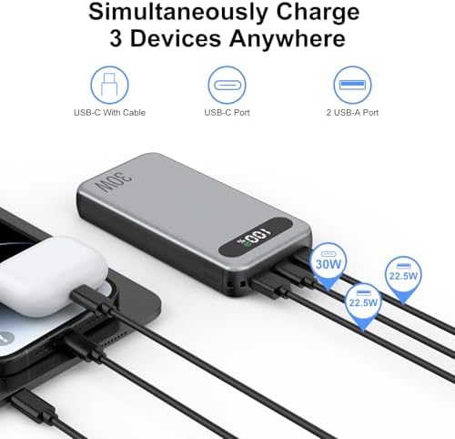 High-Speed 30 W PD 20000 m Ah Power Bank with Intelligent Display – Triple Output & Dual Input Charger for i Phone 15/16 Pro Max, Galaxy S24, Mac Book – Ultimate Versatile Portable Charging Solution with Integrated USB Cable for Effortless On-the-Go Power