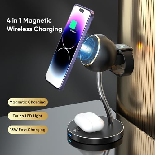 REFLEX CAMERA 4-in-1 Wireless Magnetic Charging Station for i Phone, Apple Watch & Air Pods – Fast 15 W Charging Dock with Integrated LED Lamp – Compatible with i Phone 16 Pro/16/15/14/13/12/11 – Sleek Bedside & Desktop Design – Ultimate Convenience & Organization