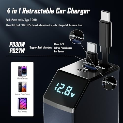 Ultimate 4-in-1 Fast Retractable Car Charger – 84 W Power Booster with Dual Cables (USB-C & Lightning) for i Phone 16/15/14/13/12/11 – Tangle-Free, Compact Design for Effortless Travel Charging Solutions