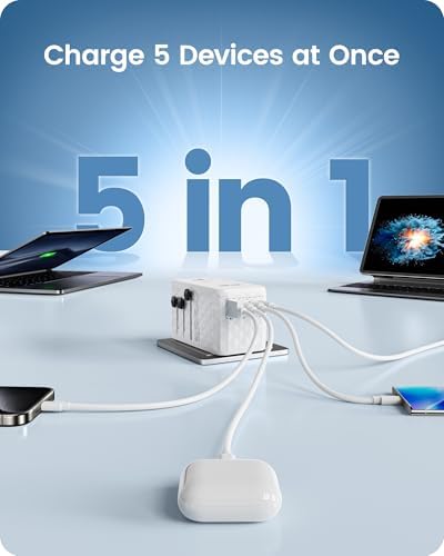 85 W Universal Travel Power Adapter with Retractable USB-C Cable – Optimal Fast Charging Hub for Global Use, Featuring 4 Ports for Seamless Connectivity in US, EU, UK & Beyond, Engineered for On-the-Go Professionals Seeking Efficiency and Versatility