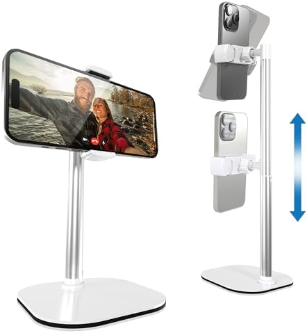Cooper ChatStand Adjustable Cell Phone Stand for Desk & Video Recording, Rotating Cell Phone Holder for Desk for All iPhone, Samsung, Android, 9-14″ Face-Level Metal Desktop Tripod (Frost White) – Enhanced Compatibility and Speed