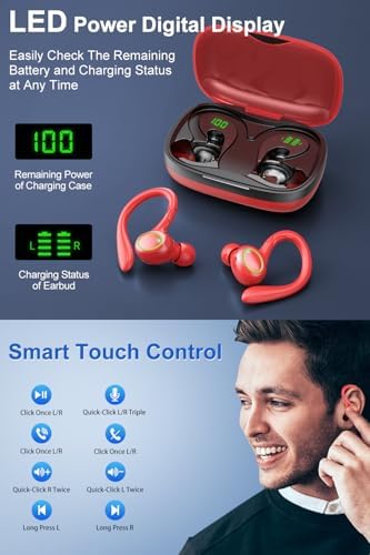 Revolutionize Your Audio Experience with 60-Hour Playtime Bluetooth 5.3 Wireless Earbuds – Advanced Noise Cancelling for Crystal Clear Sound, IPX7 Waterproof Durability, Real-Time LED Battery Monitoring, Ideal for Athletes and Outdoor Enthusiasts (RED)