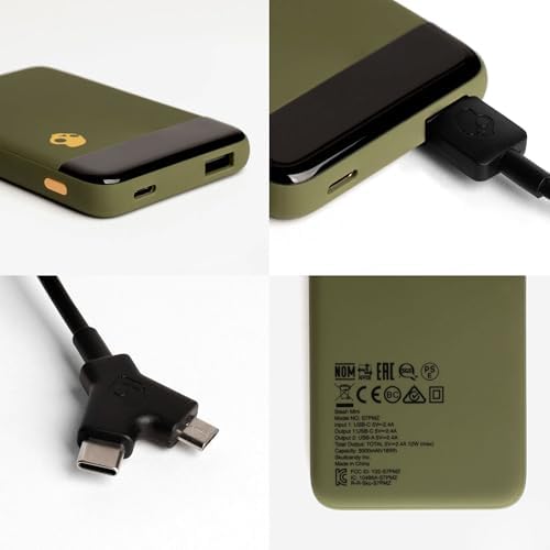 Skullcandy Stash Mini 5000 m Ah Portable Charger – Ultra-Lightweight Power Bank with 12 W USB A & USB C Ports, Bonus Dual Charging Cable, Stylish Moss Finish – Perfect for Travel, Outdoor Adventures, and Daily Use