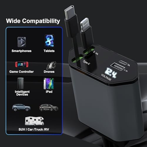 Ultimate Retractable Car Charger with Dual Built-in USB-C & Lightning Cables – PD/QC3.0 Fast Charging for i Phone 16/15, Samsung Galaxy & All 12-24 V Vehicles – Sleek Design, Maximum Portability & Enhanced Device Compatibility for Tech-Savvy Users