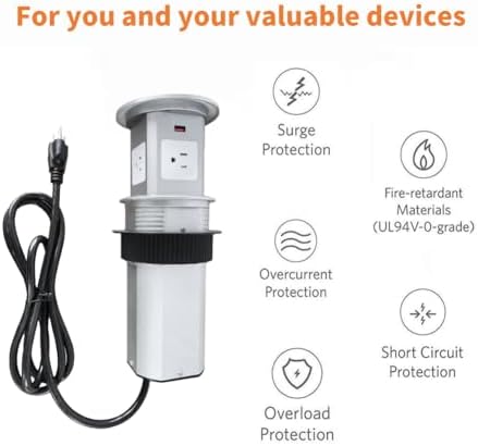 ZESHAN Sleek Pop-Up Power Outlet with 15 W Wireless Charging Station – Dual US Outlets, USB A & USB C PD Fast Charging Ports for Effortless Connectivity at Home or Office – Ideal for Conference Tables and Kitchen Counters, Modern Black Finish