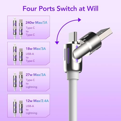 4-in-1 Universal Multi USB Charging Cable – 240W Max Fast Charger Cord with Multiple Connectors for iPhone 16/15/14/13, iPad, Samsung, MacBook, Tablets & More (Black, 6.6Ft) – Enhanced Compatibility and Speed