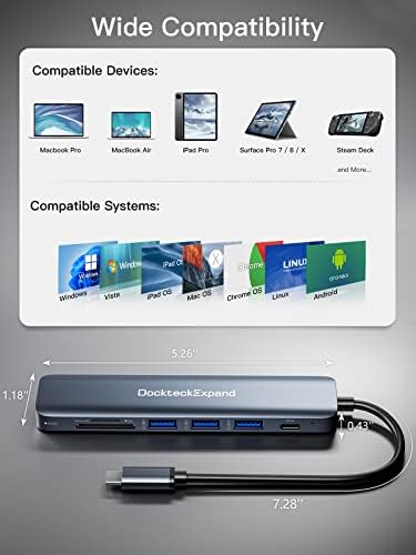 Transform Your Tech Experience with the Dockteck 7-in-1 USB C Hub Multiport Adapter – Ultimate 4 K HDMI, High-Speed Ethernet, 100 W PD Charging, Dual USB 3.0 Ports & SD/TF Card Reader for Mac Book, i Pad, HP, Dell XPS & More – Perfect for Seamless Connectivity and Enhanced Productivity!
