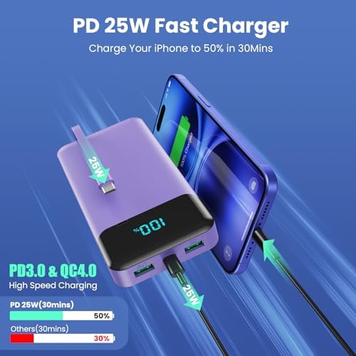 High-Capacity 40800 m Ah Portable Charger with Integrated Cables – Fast PD 25 W USB-C & QC4.0 Power Bank for i Phone 15/16 and Samsung – Smart LED Indicator, 5 Outputs for Multi-Device Charging – Ultimate Travel Companion for On-the-Go Power Solutions