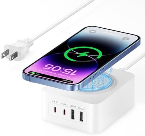 Advanced Multi-Port USB Charging Station with 60 W Fast Charging and 15 W Wireless Pad – Dual PD USB-C and QC USB-A Ports for Efficient Power Delivery to Samsung S25, i Phone 16 Pro Max, and More – Compact Design for Home, Office, and Travel Use – Streamline Your Charging Experience with Enhanced Compatibility and Speed