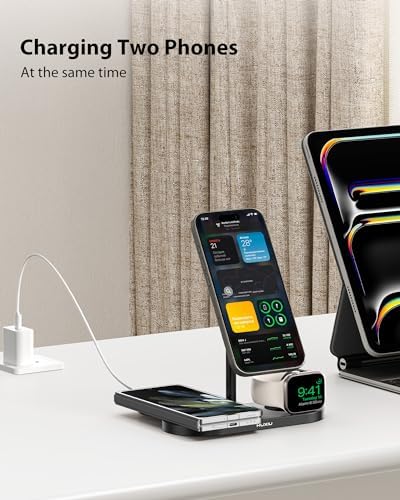 Sleek Aluminum Alloy 3-in-1 Magnetic Wireless Charging Station for Apple Devices – Fast 5 W Charger for i Phone 16/15/14/13/12, Apple Watch 9/8/7/SE & Air Pods – Ideal Travel Accessory for Clutter-Free Charging Solutions