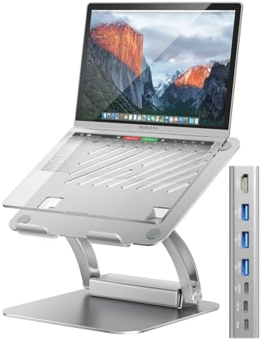 Transform Your Workspace with the Tounee Ergonomic Laptop Stand & USB-C Hub – Fast 100 W Charging, 4 K@60 Hz HDMI Output, 3 USB Ports for Effortless Device Connectivity – Ideal for 10-17″ Laptops & Mac Book in Stylish Gray Finish