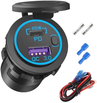 Experience Unmatched Charging Power with the Boostable 12 V USB C Charger – 65 W PD3.0 & 18 W Quick Charge 3.0 for Laptops, Tablets, and Phones – Waterproof Car, Marine, Motorcycle & RV Socket with Built-in Power Switch for Ultimate Convenience and Reliability. Perfect for Adventure Seekers and Tech Enthusiasts Alike!